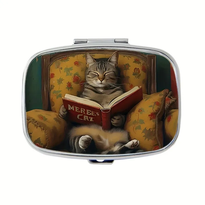 Cute Cat Pattern Metal Medicine Box with 2 Compartments, Portable Medicine Finishing Box, Suitable for Wallet and Travel