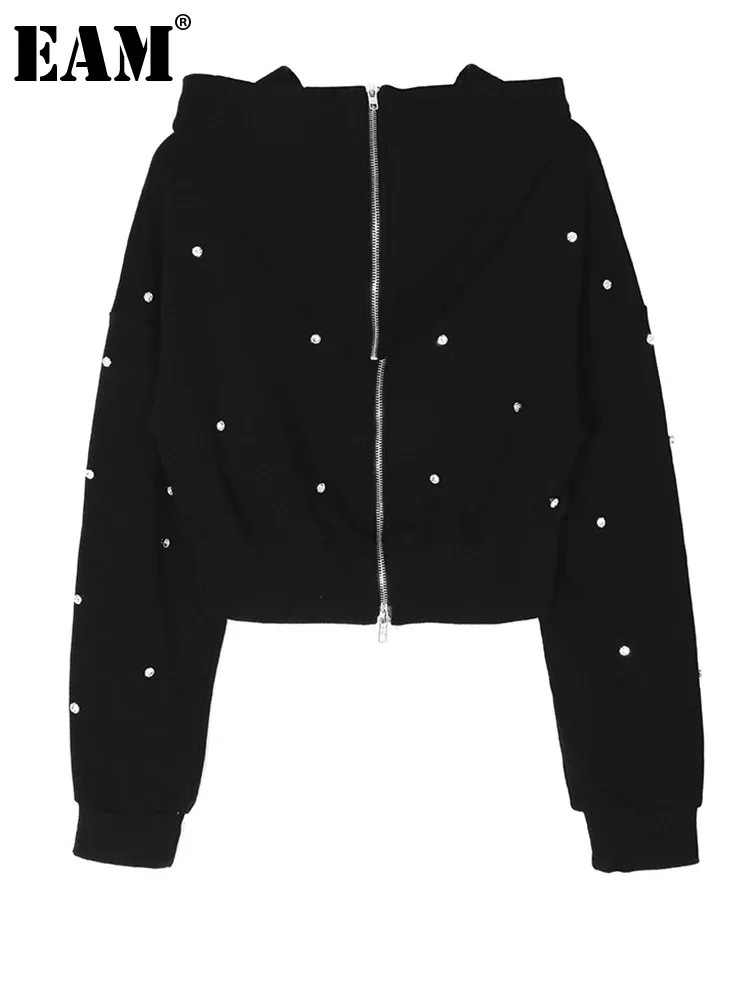 

[EAM] Loose Fit Black Zipper Rhinestones Sweatshirt New Round Neck Long Sleeve Women Big Size Fashion Spring Autumn 2024 1DF5216