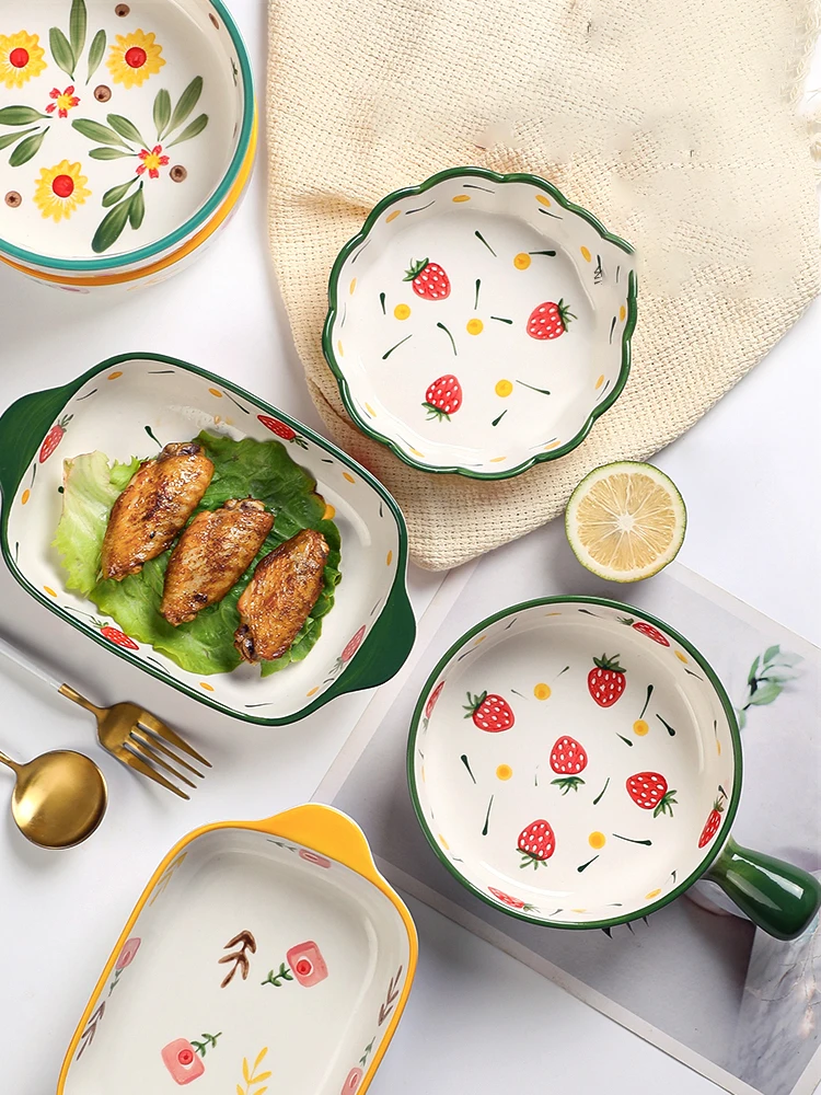 Binaural Ceramic Rectangular Baking Plate Cheese Baked Rice Plate Household Salad Cute Printed Baking Bowl Utensils
