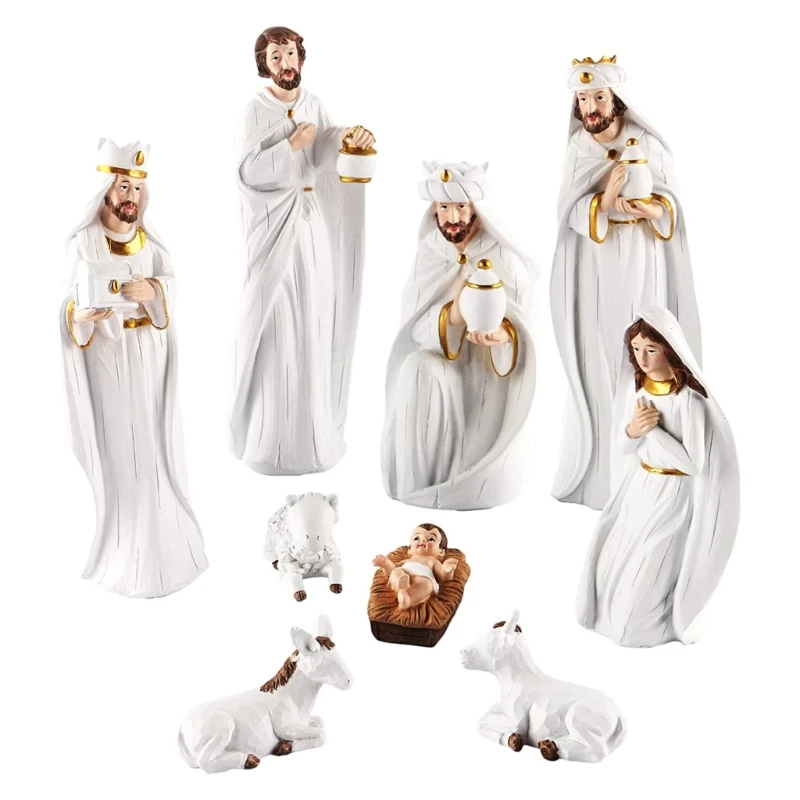 

2023 New Christmas Manger Decorations Set Jesus Nativity Holy Figure Resin Figurines for Home Bedroom Living Room Statue Ornamen