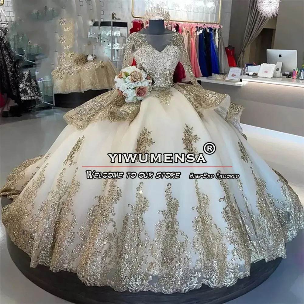 

Modern Wedding Dresses Sequined Gold Appliques Women Marriage Princess Bridal Gown Tailor-Made Women Formal Banquet Party Dress