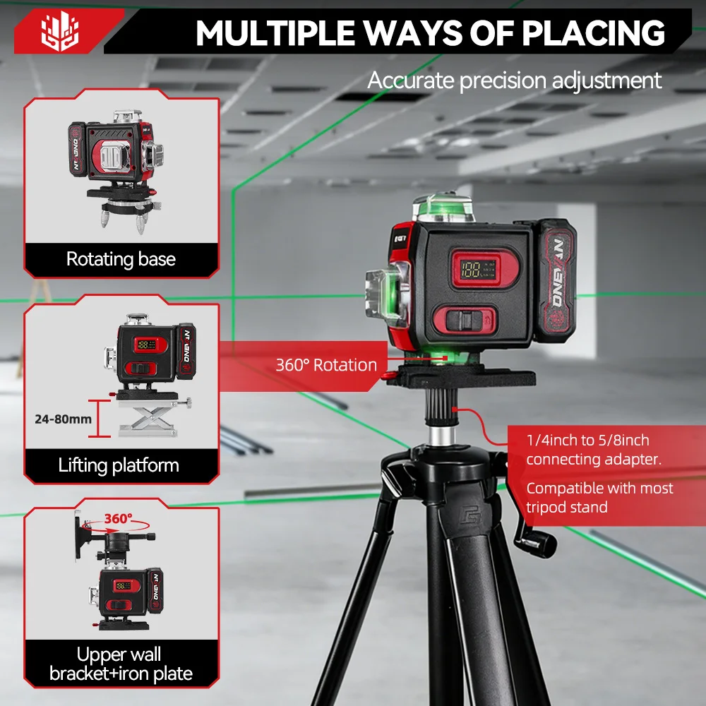 ONEVAN 4D 16 Linien 360 ° Nivellier-Laserwasserwaagen Kabellos Wiederaufladbar Messinstrument für Horizontale und Vertikale Nivellierung Elektrowerkzeug – Detail 14