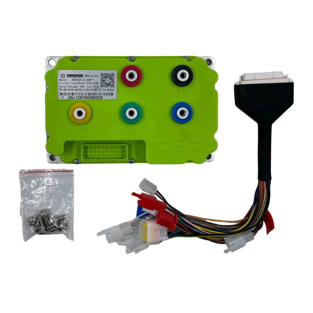 FarDriver 360A phase current programmable BLDC controller showing main wiring harness and Bluetooth module