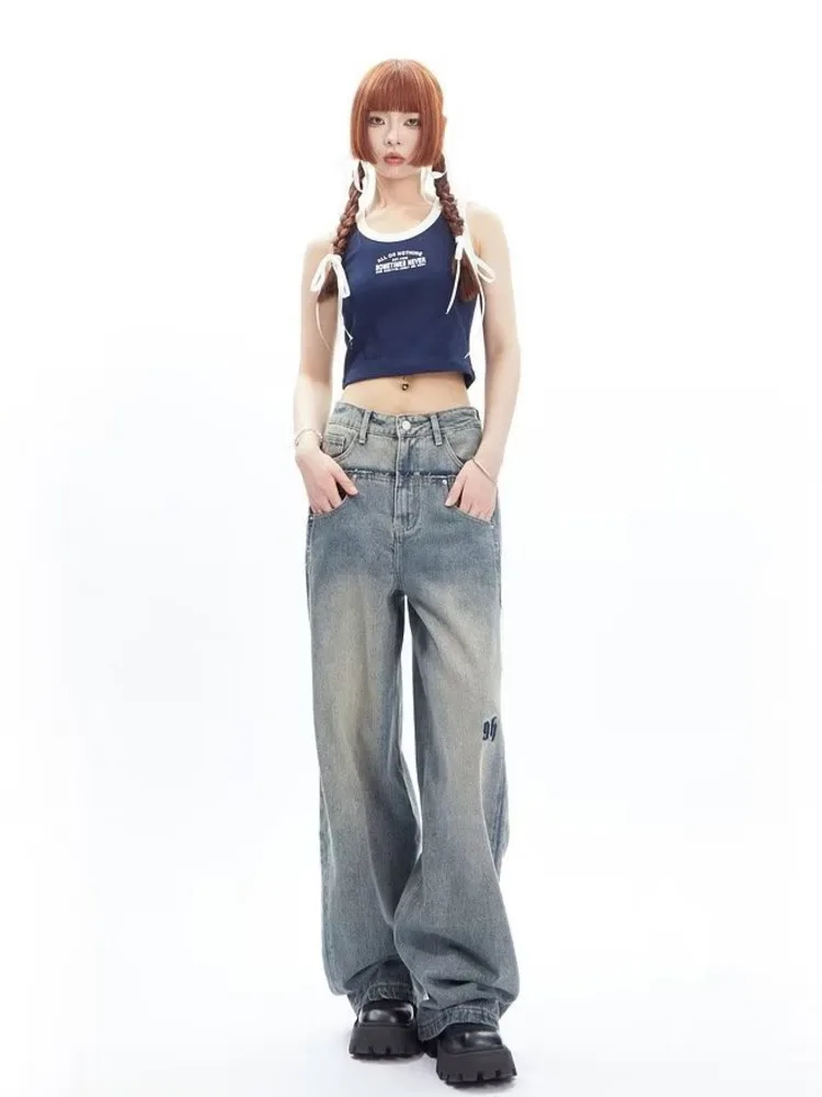 High Street Niche Design Wide Leg Washed Jeans For Men And Women, Straight Tube Loose Fitting Retro Pants, Trendy Women's Jeans