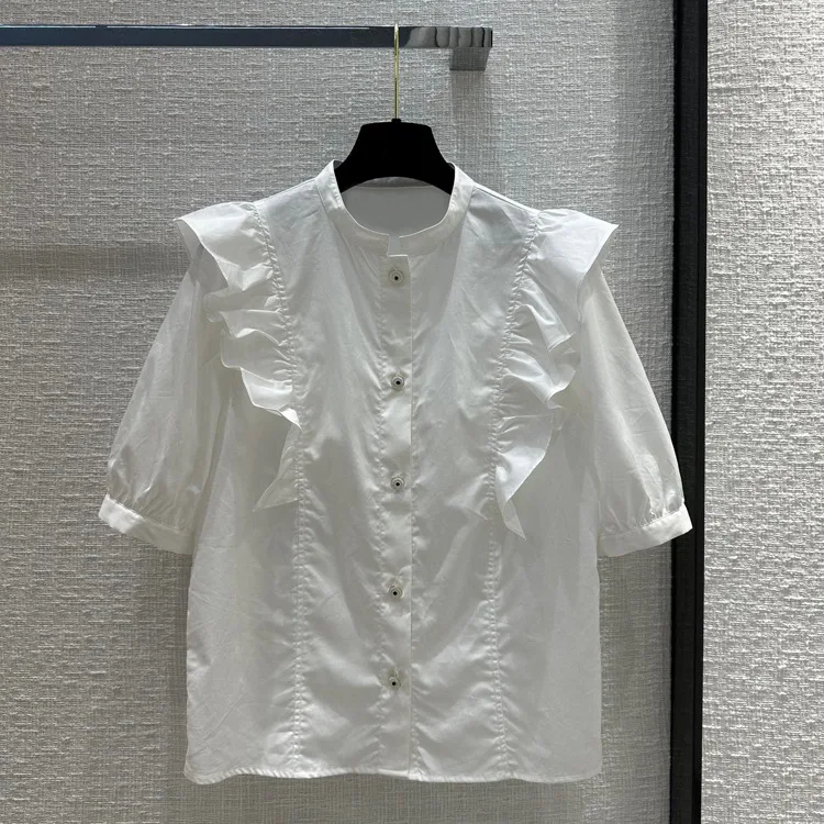 

2023 French court style girl versatile ruffle lace design puff short sleeve shirt top summer