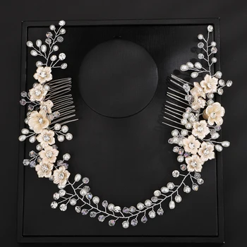 Rhinestone Pearl Wedding Headband Hair Comb for Women Crystal Handmade Flower Head Accessories Ornaments Trendy Party Headpieces