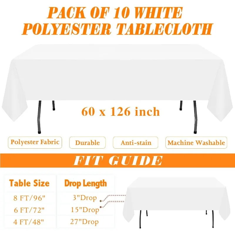 10 Pack White Table Cloth Rectangle Tablecloths 60X102 Inch,Polyester Table Cloth for 6 Foot Rectangle 2