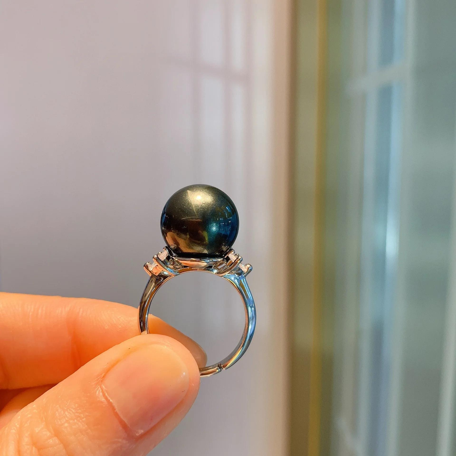 Tahitian Black Pearls Long Earring Ring Set for Women Wedding Band