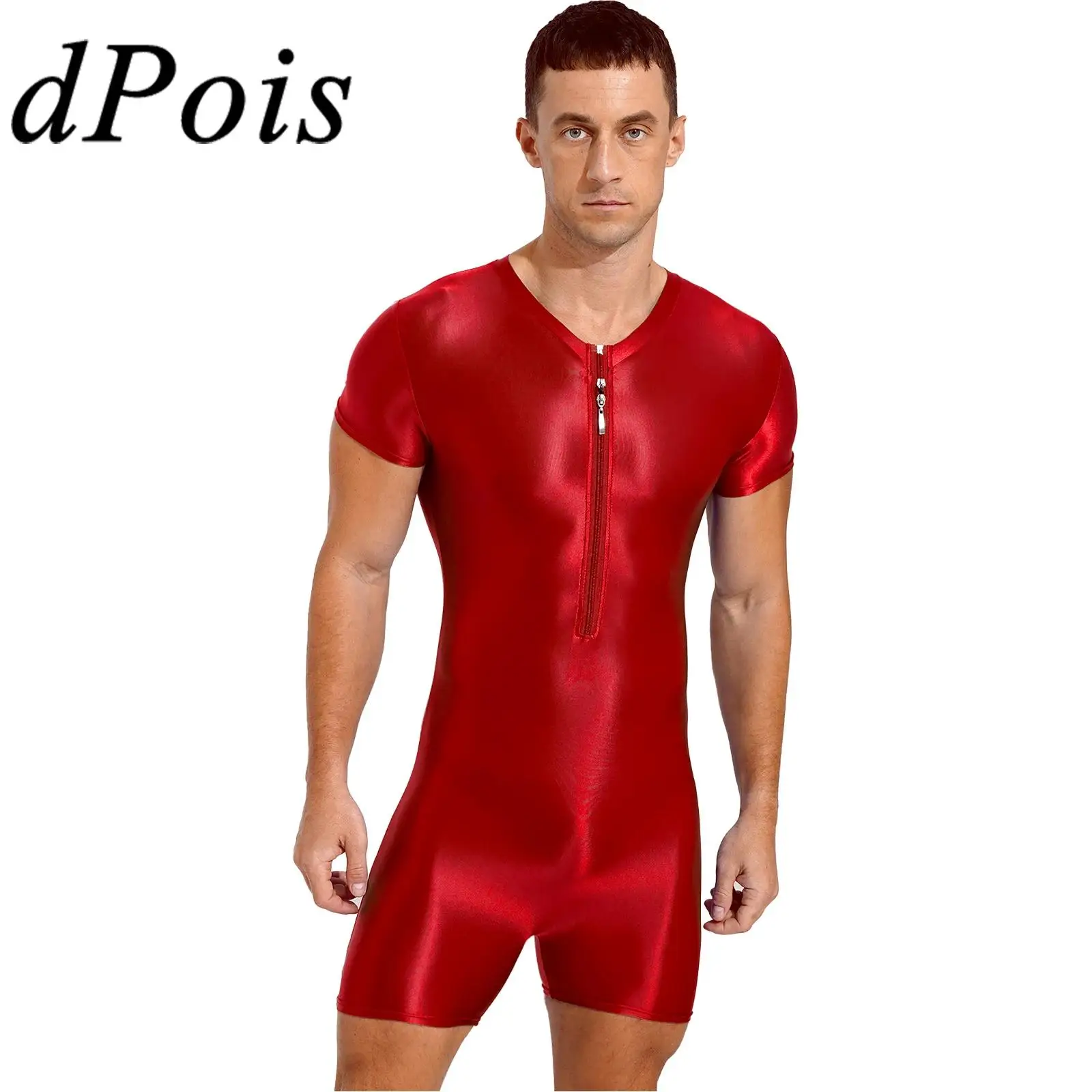 

Mens Swimsuit Zipper Bodysuit One-Piece Swimwear Glossy Stretchy Round Neck Swimming Fitness Short Sleeve Jumpsuit Leotards