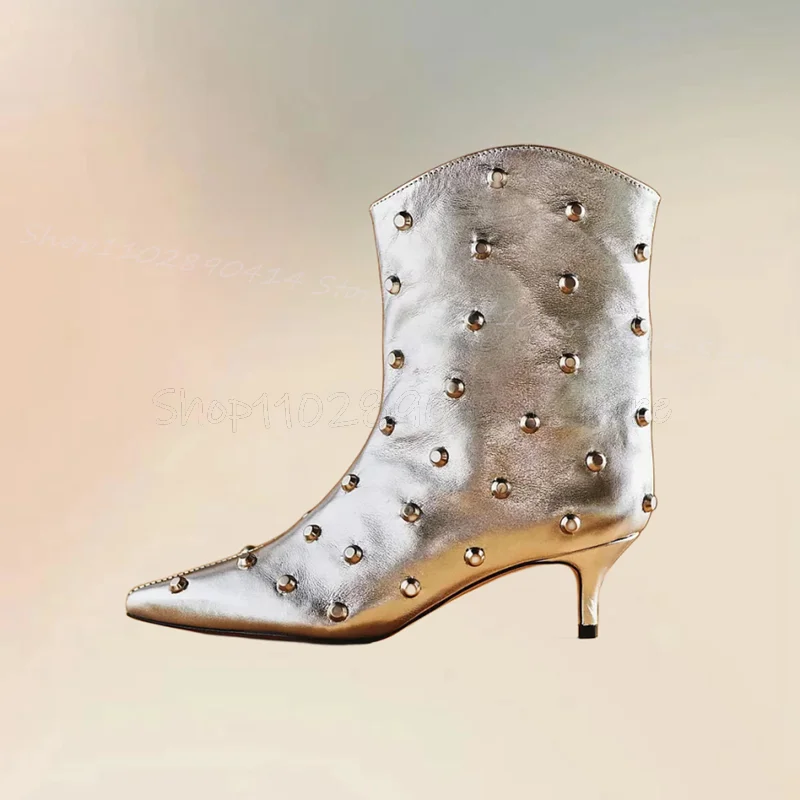

Silver Rivets Decor Glitter Pointed Toe Boots Slip On Women Shoes Thin High Heels Fashion Party Banquet 2024 Zapatos Para Mujere