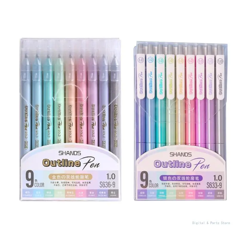 

M17F 9Pcs/Pack Double Line Markers Glitter Outline Pens Silver Gold Glitter Pen