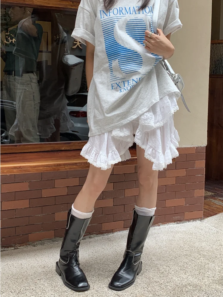 DEEPTOWN Fairy Core Mini Skirt Women Elastic High Waist A-line Irregular Lace Trim Ruffles Cake Skirt Summer Mori Girl Style