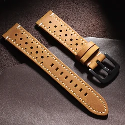 Handcrafted Vintage Racing Leather Watch Strap - Breathable & Porous in Gray, Black, and Brown - 21mm (Light Brown White)