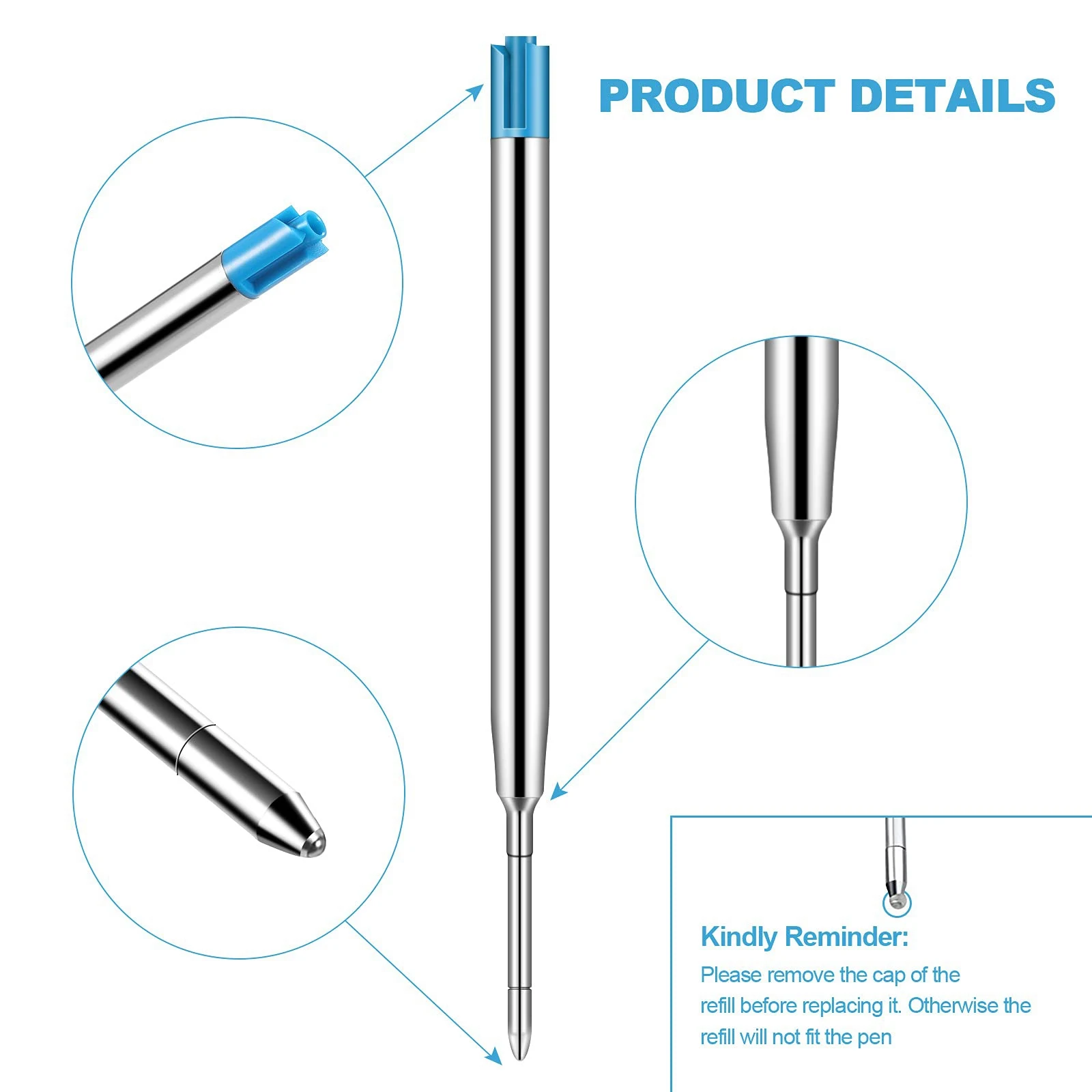 C9-50Pcs 교체 가능한 볼펜 리필 금속 리필 부드러운 필기 펜 리필 1.0 Mm 교체 젤 잉크 리필