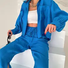 Women Causal Trouser Suits Cropped Shirt With High Waist Slit Wide Leg Pants 2 Piece Sets 2022 Spring Elegant Lady Loose Outfits