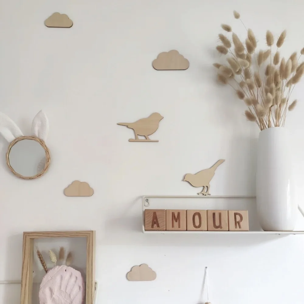 New DIY Wall Stickers Clouds Flowers Wooden Stickers Wall Ornaments Self-adhesive 3D Wall Stickers Nursery Decor - 2