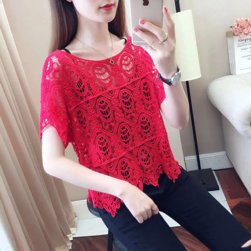 

Women Knitwears T-shirt 2024 New Summer Tee Hollowing Out Round Neck Short Sleeve Casual Fashionable Pullovers Tops L240