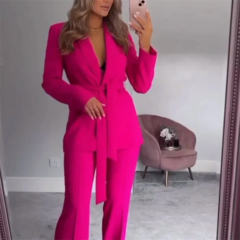 

Woman Elegant Rose Red Straight Blazer Suit 2023 Spring Female Chic Lacing Blazers Suits Ladies Fashion Solid Matching Sets