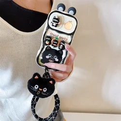 Adorable Cartoon Black Cat Push - Pull Lanyard Phone Case - Soft Protective Cover - iPhone 16 Plus (Black Cat)