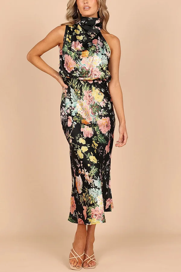 Satin Printed Long Dresses For Women Sleeveless Halter Neck A-line
