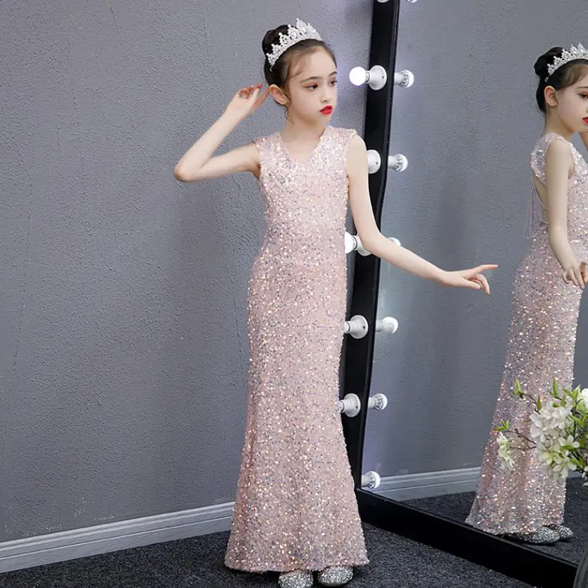 

Sexy Sequined Stitching Mermaid Dress For Girls Kids Catwalk Birthday Party Sleeveless Backless Evening Gown Vestidos A438