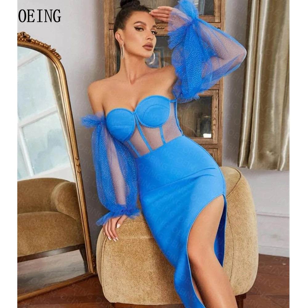 

OEING Chic Sweetheart Zipper Back Kokteyl Elbiseleri Tea Length Side Slit Quinceanera Dresses Plus Size Puffy Sleeves Outfit