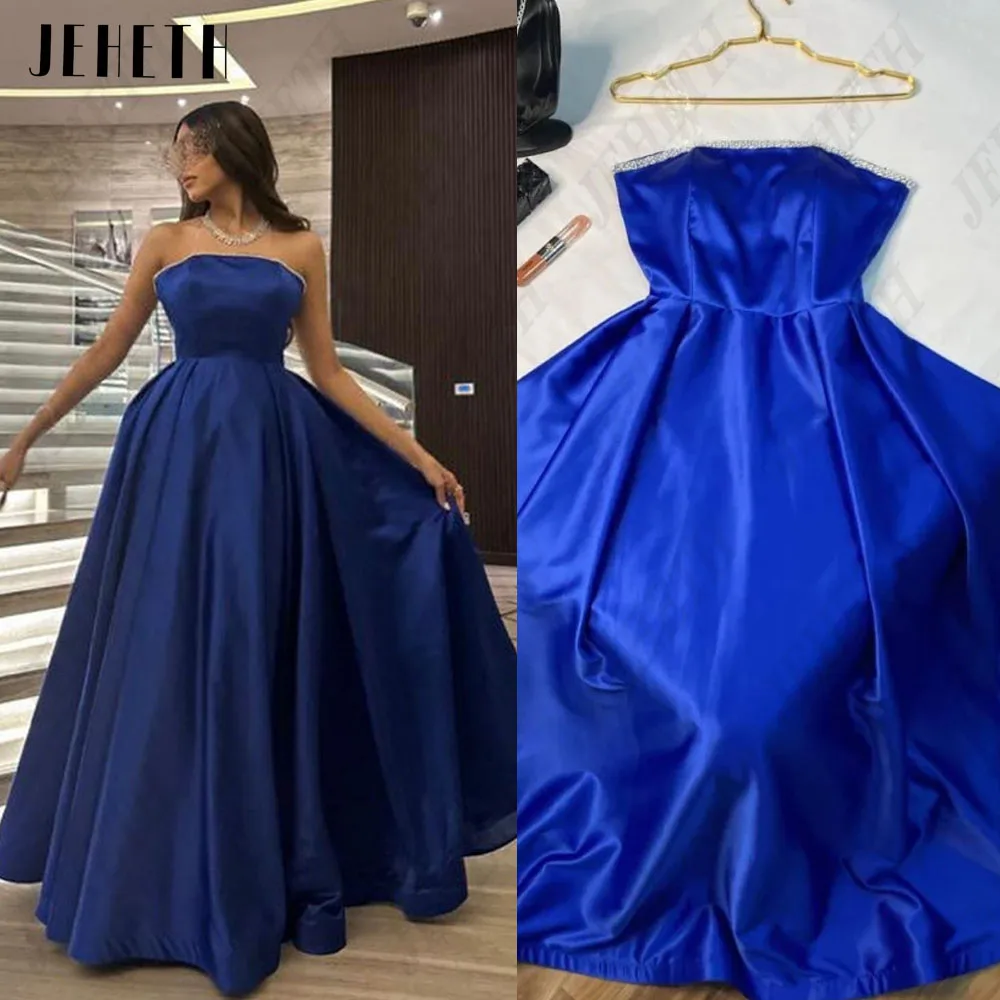 

JEHETH Elegant Saudi Arabia Women Evening Dress Strapless Sleeveless Satin A-Line Floor Length Formal Party Gown فساتين السهرة