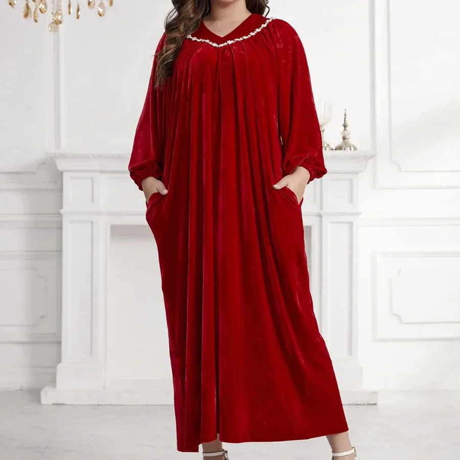 Velvet Abayas for Women Spring 2024 Elegant Muslim Long Sleeve V-neck Plus Size Long Maxi Dress Muslim Fashion Abaya Dubai Abaya