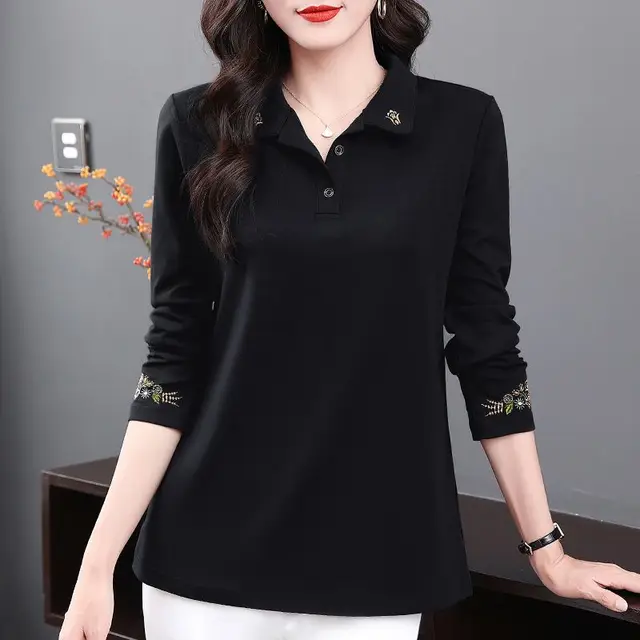 New Spring Autumn Women Korean Fashion Vintage Embroidery Elegant Basic T-shirt Ladies Casual Polo Collar Long Sleeve Loose Tops 2