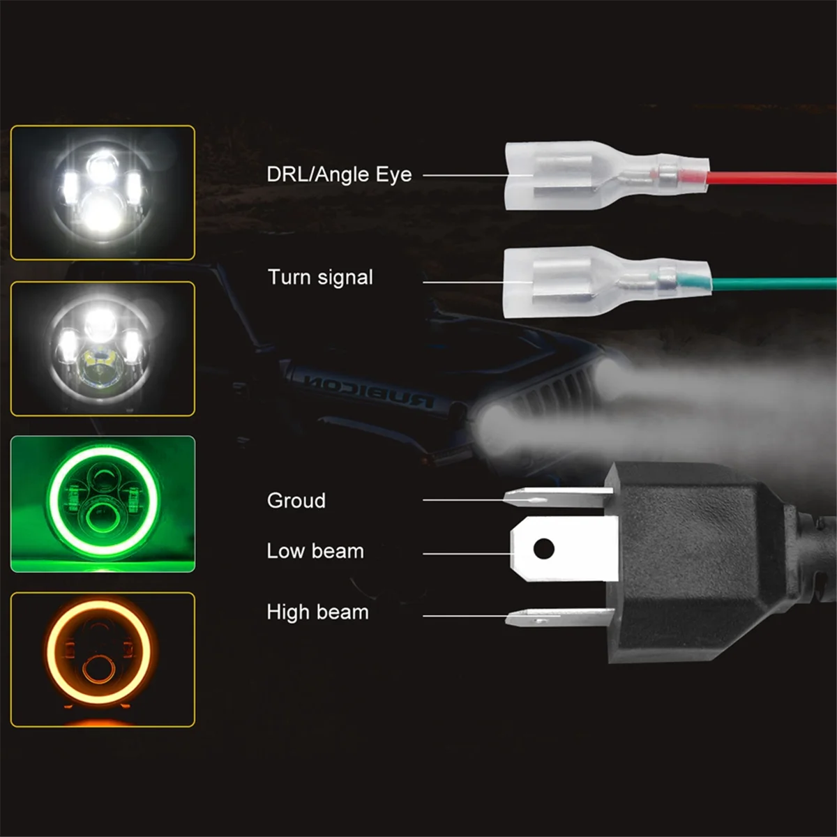 

7 Inch Halo LED Headlight Hi/Lo Beam with Green DRL Amber Turn Signal Light for Jeep Wrangler JK TJ CJ