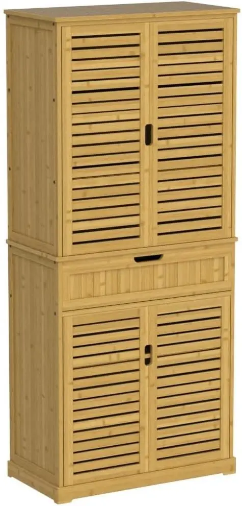 MUPATER Kitchen Pantry Storage Cabinet Microwave Hutch, 72'' Freestanding Bamboo Hutch Cabinet Buffet Cupboard Tall with Drawer