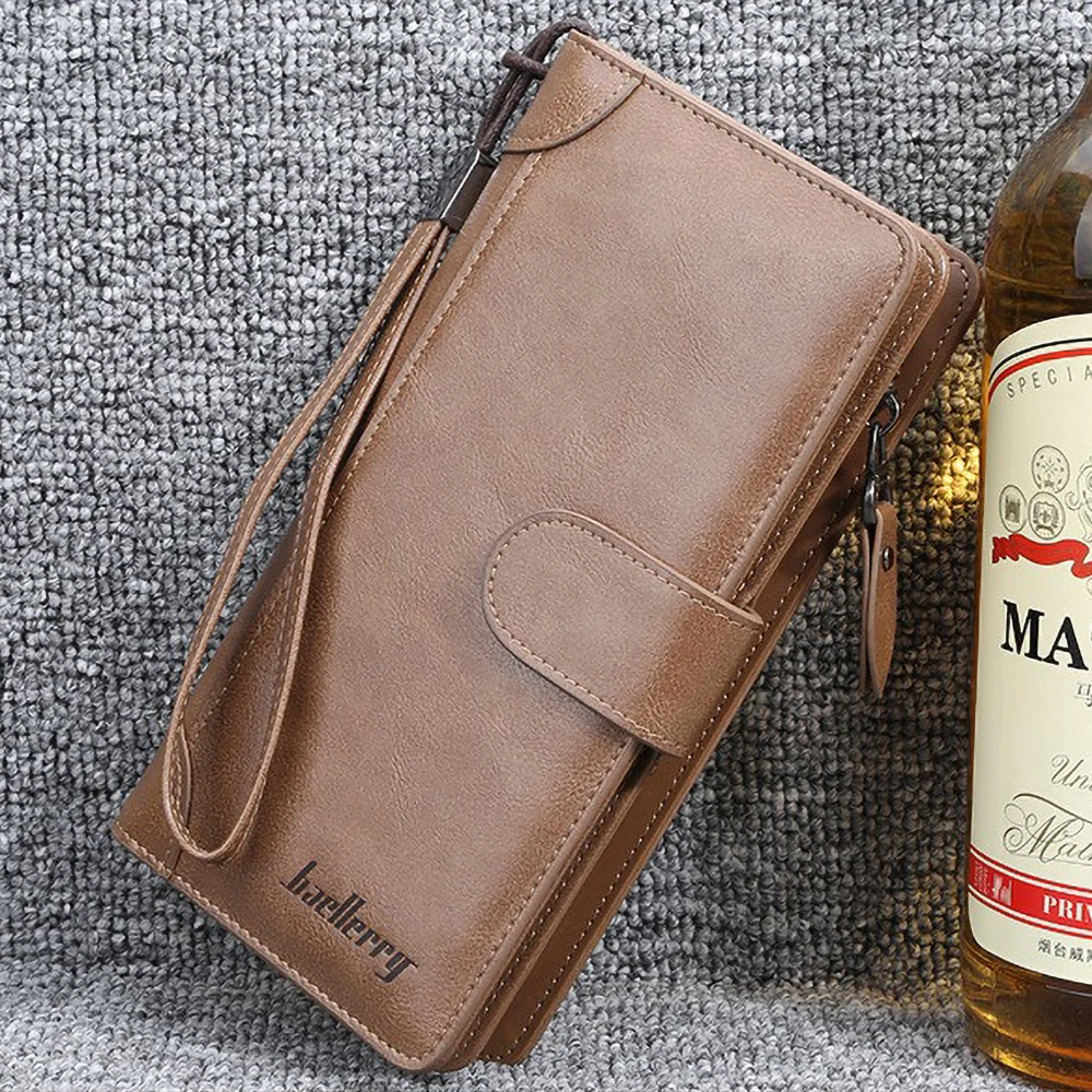 Baellerry Men's Long PU Wallet with Snap Button & Zipper Large Capacity Multi - Card Slots Organized Compartments Casual Clutch