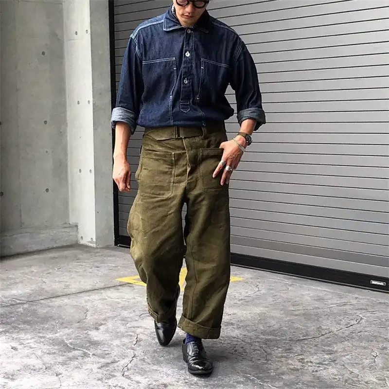 1920s Vintage US Army Blue Denim Coat Work Uniforms Punk Pullover
