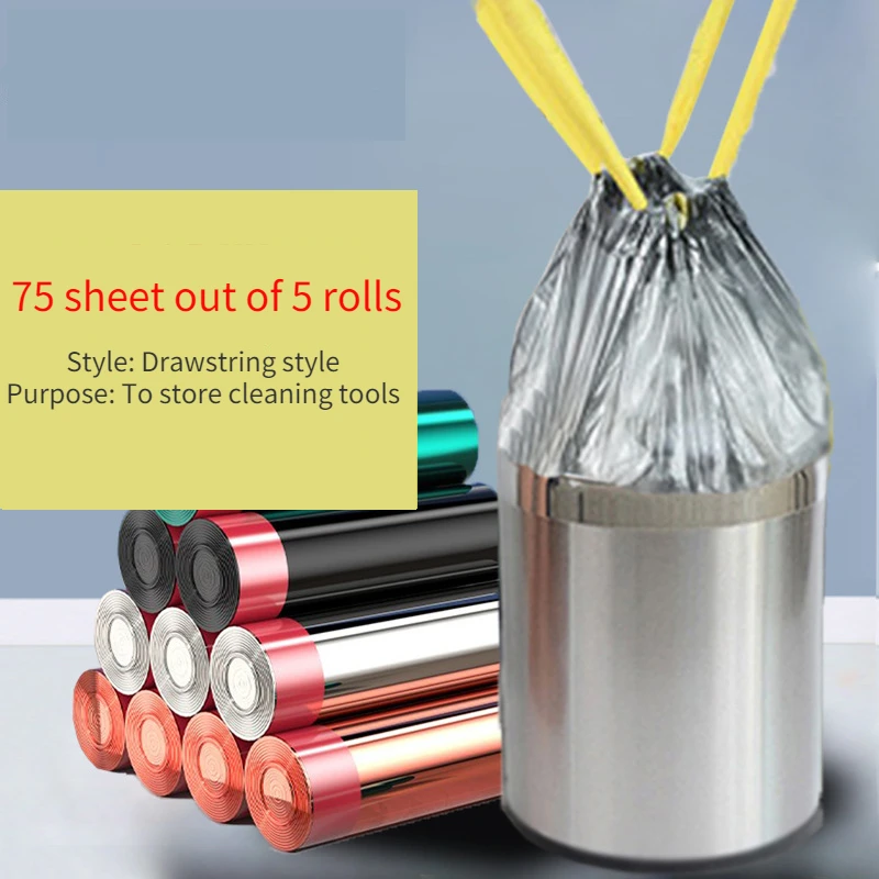 

5 Rolls 75 Pieces Drawstring Plastic Bag for Household Use Portable Thickened Garbage Bag