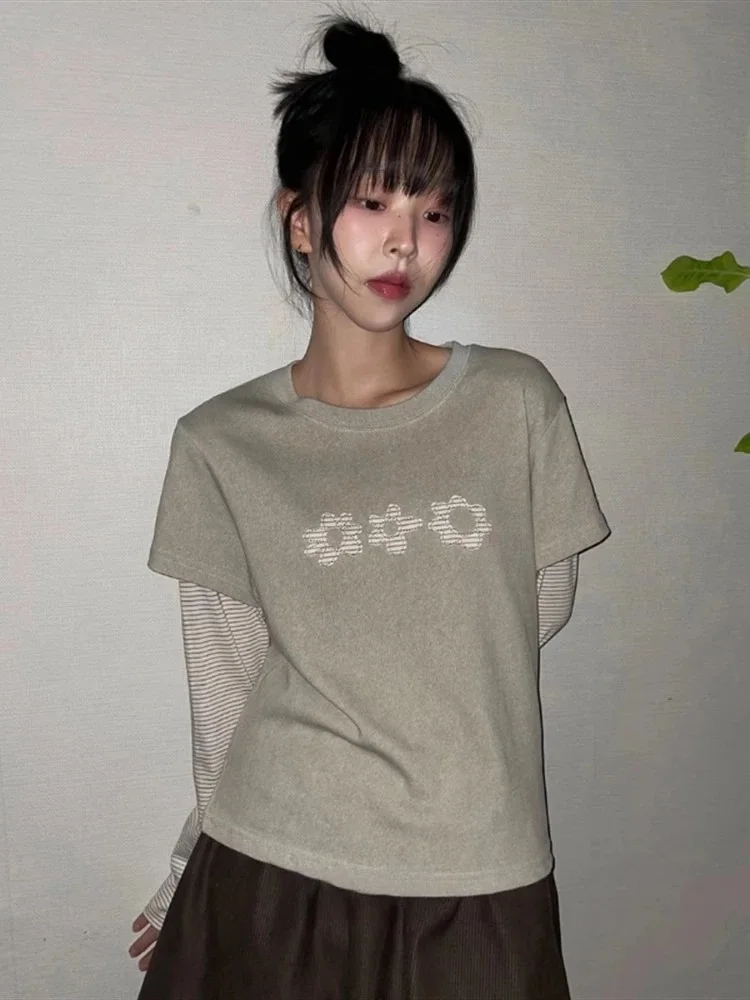 Woman T Shirts Y2k Tops O-neck Fake Two Contrast Color Striped Tees Long Sleeve Floral Camisetas Chic Casual Tshirt Ropa Mujer 5