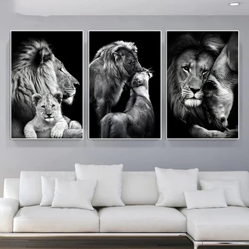 Ritratto di leone in bianco e nero dipinto su tela famiglia di animali poster astratto vivaio fauna selvatica arte della parete soggiorno decorazioni per la casa 1