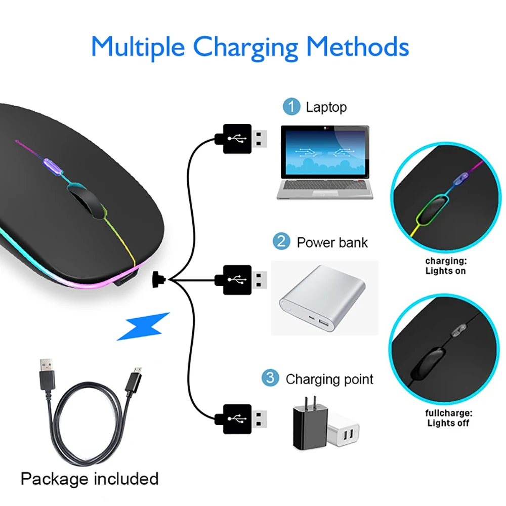 1600DPI Bluetooth 5.1 Wireless Mouse Rechargeable RGB Backlight for Laptop PC for Wireless Mouse