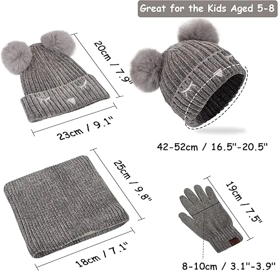 3 Pack Kids Hat Scarf Gloves Sets Winter Warm Pom Beanie Hat Fleece Lined Neck Warmer for Girls Boys 2-6
