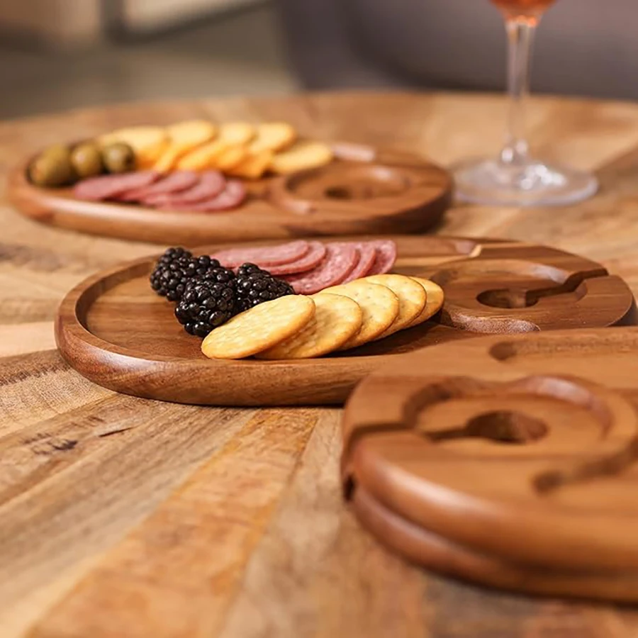 Wood Appetizer Plates Set of 4 Acacia Wood Appetizer Plates Wooden Cocktail Appetizer Plates with Wine Glass Holder Cheese Board 4