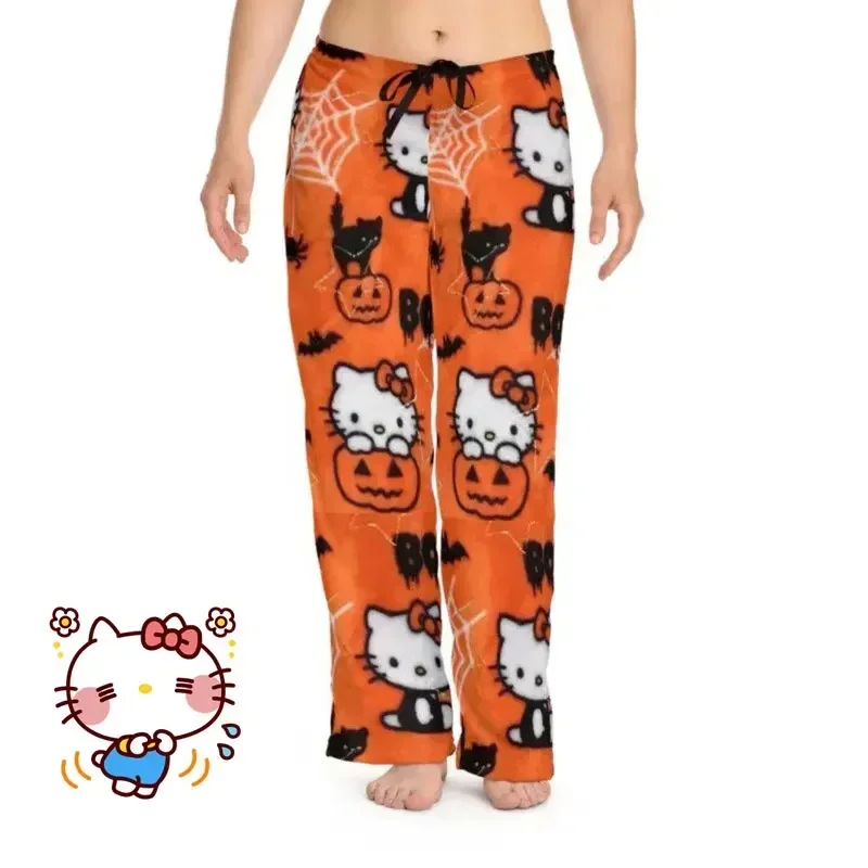 2024 Sanrio Hello Kitty Pajamas Halloween Flannel Fashion Trouserswomen Kawaii Woolen Anime Cartoon Casual Home Pants Autumn 6
