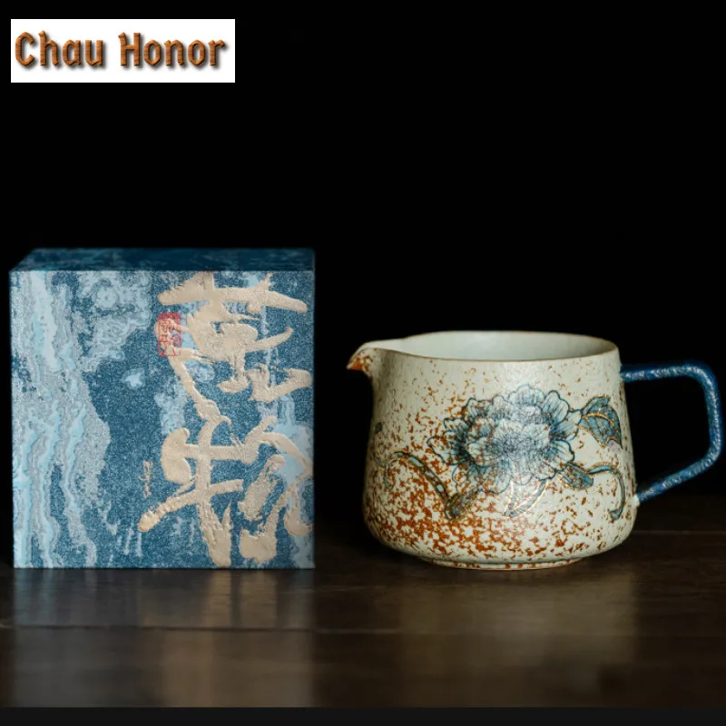 250ml Blue And White Flint Red Tea Pitcher Gold Drawing Peony Flower Cha Hai Dispenser Justice Cup Fair Mug Teaware Supplies