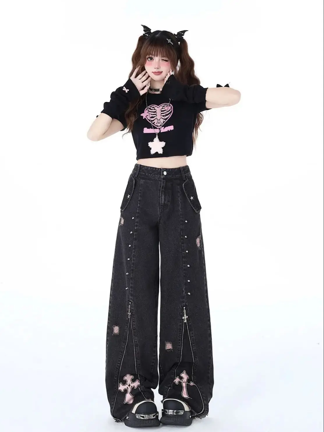 Women Clothing Black Gothic Jeans 90s Aesthetic Y2k Oversize Denim Trousers Vintage Harajuku Korean Emo 2000s Jean Pants