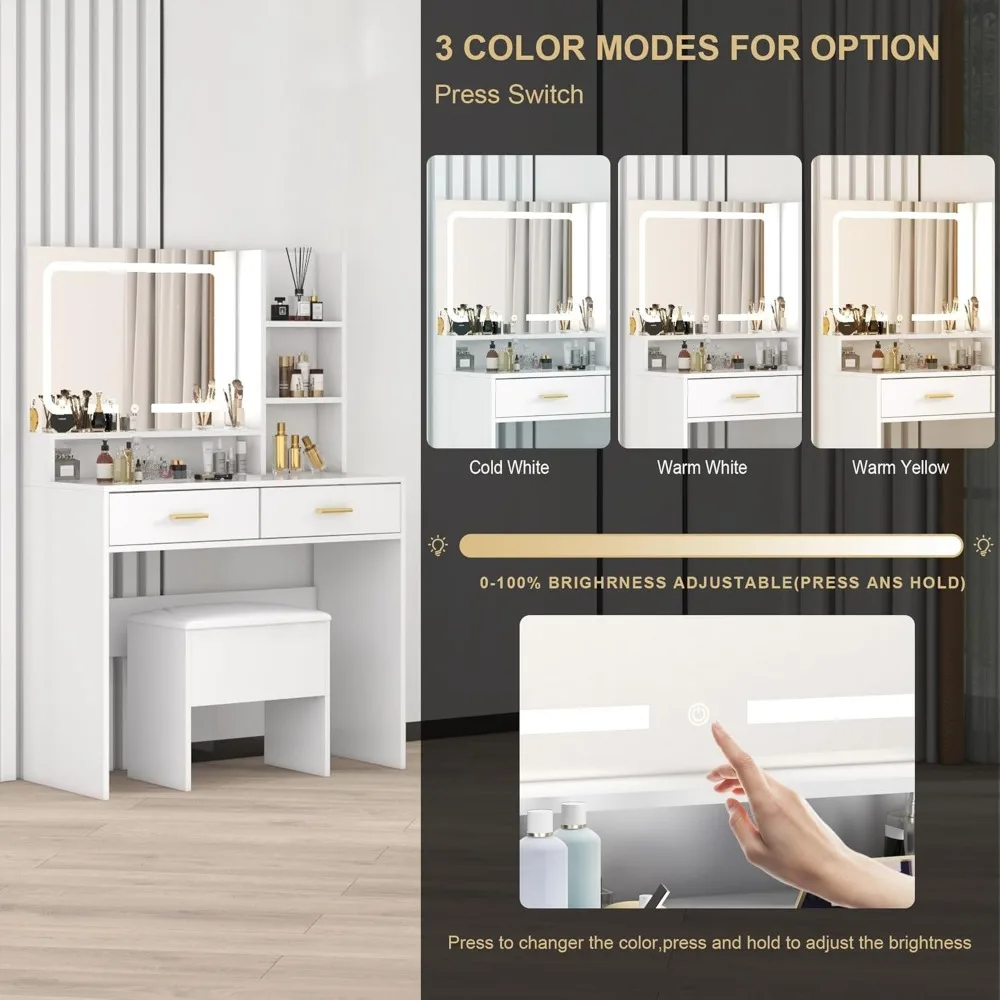 Makeup Vanity with Mirror & LED Lights，Makeup Vanity Table with 2 Drawers & 4 Storage，Small Set Storage Stool