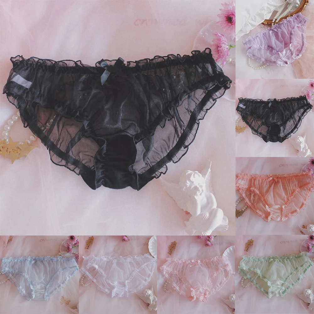 

Sissy Briefs Men Underpant Floral Bow Tie Lace Panties Ruffles Chiffon Bikini Pouch Brief Man Sheer Mesh Breathable Panties