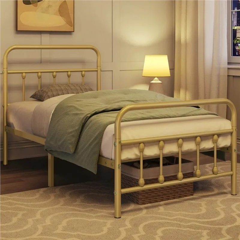 

Metal Platform Twin Bed with High Headboard, Antique Gold
