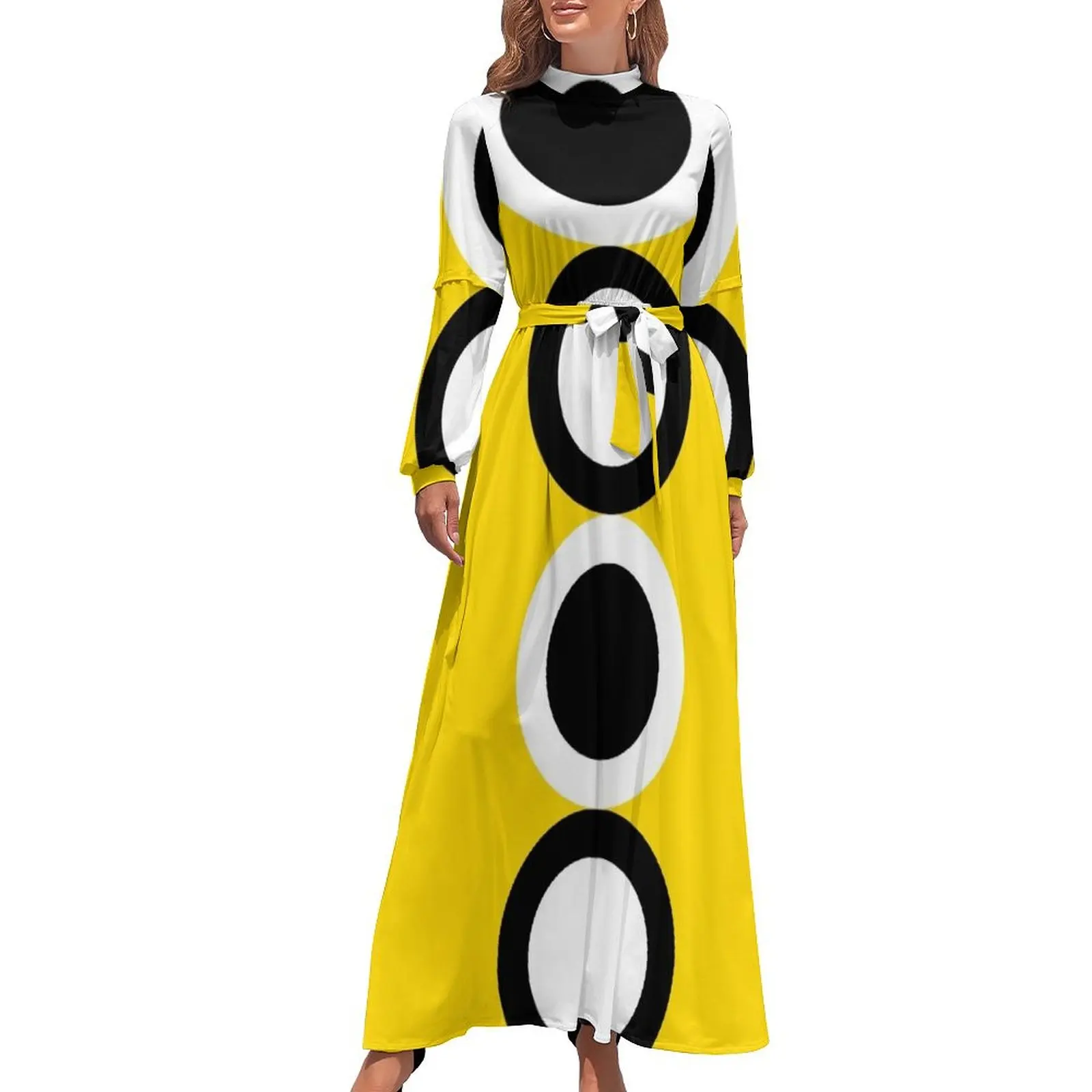 thumbnail image 1 of Vestido largo retro amarillo de los años 60 con círculos mod, vestido largo para mujer, vestido de verano, vestidos diarios para mujer 2024, diseñador de lujo, fiesta, 1 of 5