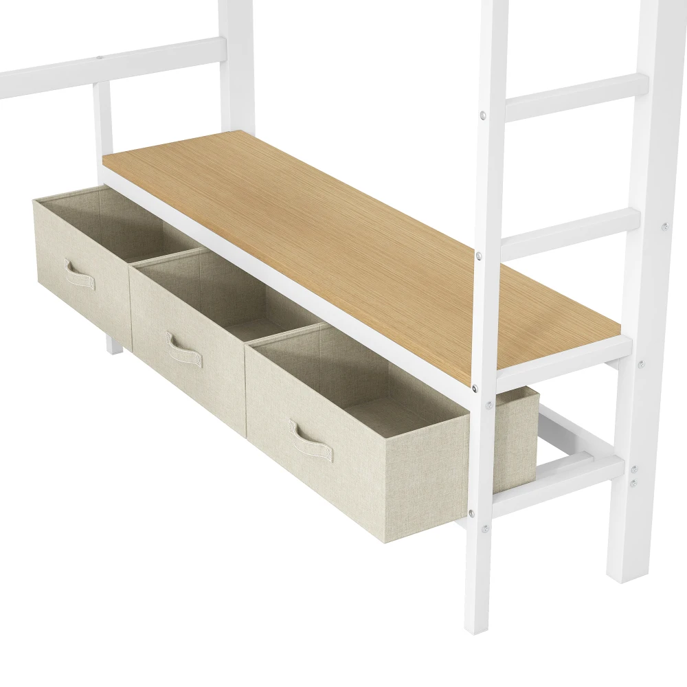 140 x 200 cm großes modernes Kinderzimmer-Metallbett, mit offenem Kleiderschrank und 3 Schubladen, Bett mit USB und LED-Licht, kontinuierliches Gittergeländer – Detail 25