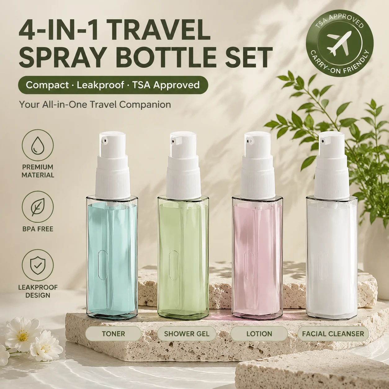 Compact 4-in-1 Refillable Travel Toiletry Set - Leak-Proof Cosmetic Liquid Containers