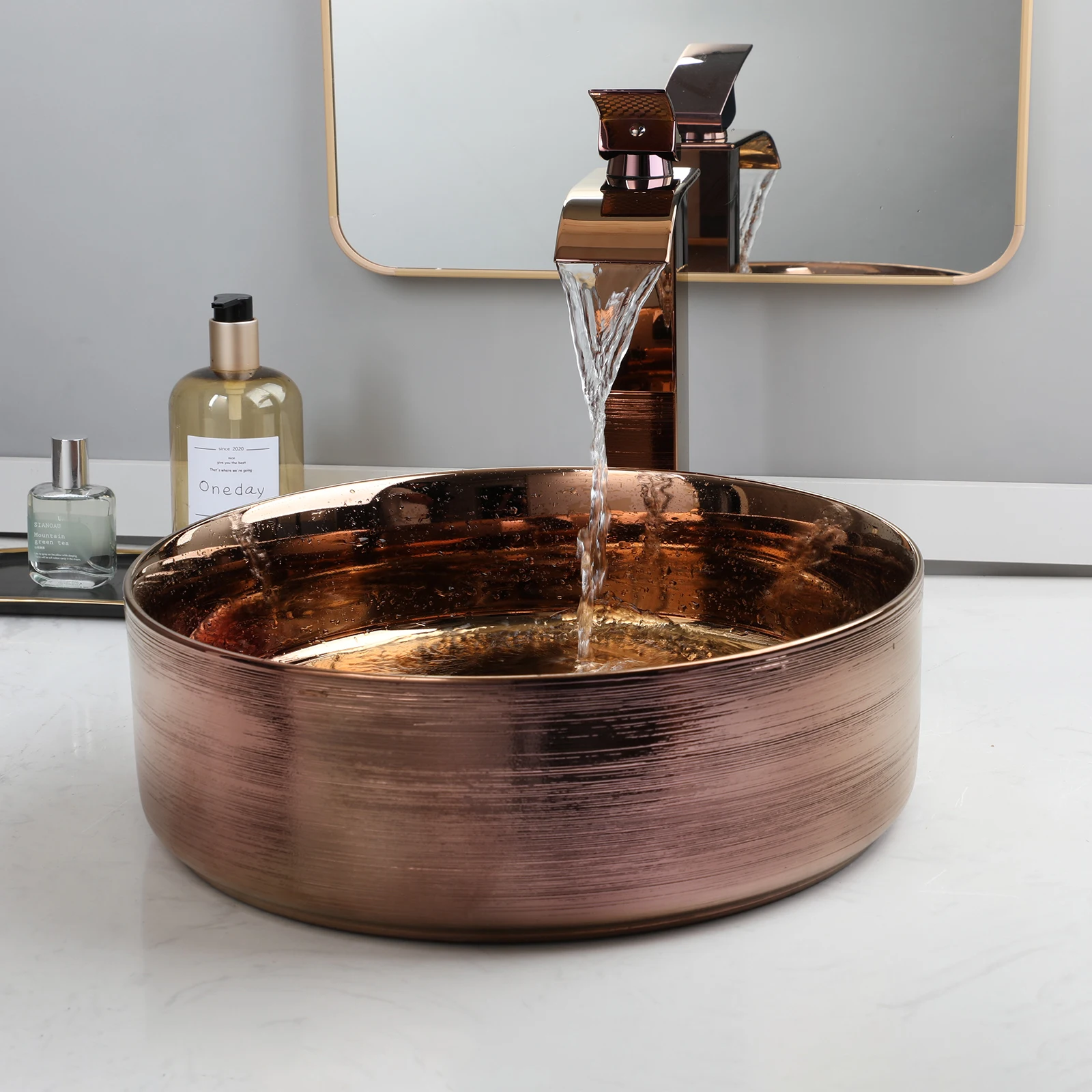 ZAPPO Bathroom Vessel Sink Faucet and Drain Combo14 Inch Bowl Sink Rose Gold Vessel Sink Round Ceramic Sink for Bathroom Counter 4