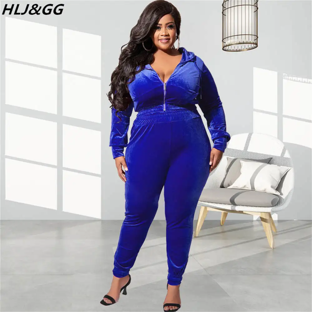 Hlj&gg Fall Winter Velvet Two Piece Sets Women Plus Size Zipper Crop